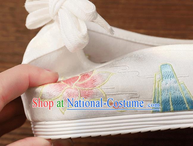 China White Embroidered Lotus Shoes Handmade Hanfu Bow Shoes Traditional National Woman Cloth Shoes