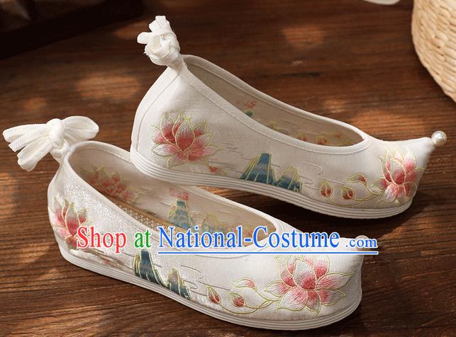 China White Embroidered Lotus Shoes Handmade Hanfu Bow Shoes Traditional National Woman Cloth Shoes