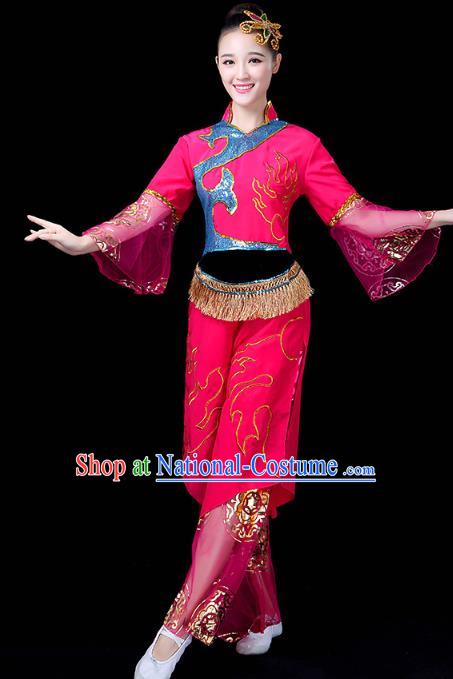 China Yangko Dance Rosy Uniforms Folk Dance Fan Dance Clothing Drum Dance Costume