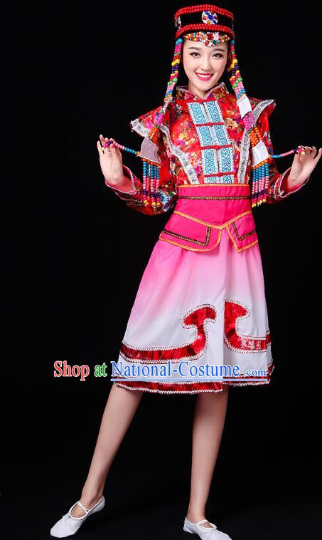 Chinese Mongolian Ethnic Performance Costume Traditional Mongol Minority Nationality Folk Dance Pink Short Dress Outfits