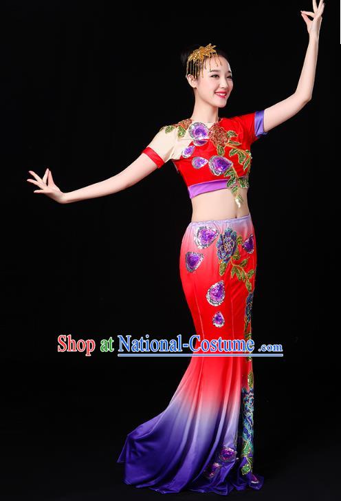 Chinese Yunnan Ethnic Performance Costume Traditional Dai Minority Nationality Peacock Dance Red Dress Outfits