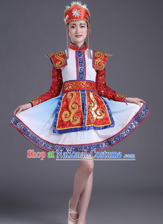 Chinese Traditional Mongol Minority Nationality Folk Dance Short Dress Outfits Mongolian Ethnic Performance Costume