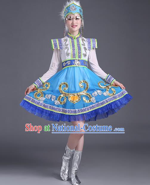 Chinese Mongolian Ethnic Minority Performance Costume Traditional Mongol Nationality Folk Dance Blue Short Dress