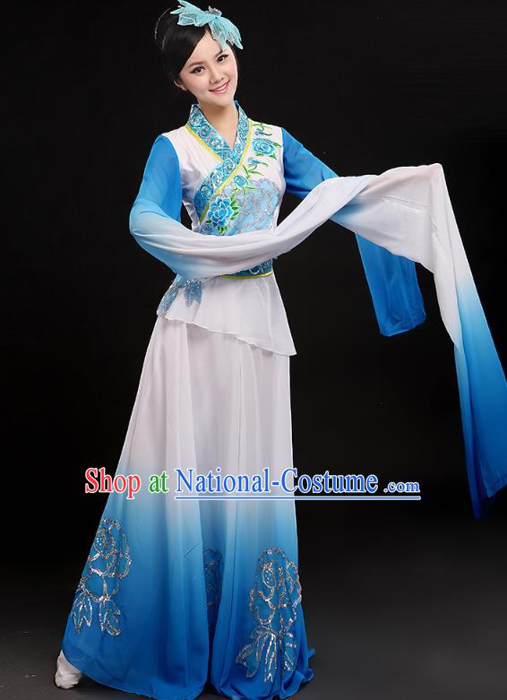 Chinese Umbrella Dance Blue Outfits Traditional Water Sleeve Dance Costume Classical Dance Clothing