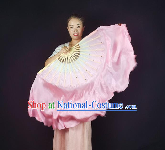 China Classical Dance Silk Fan Yangko Dance Folding Fan Pink Long Ribbon Prop Fan