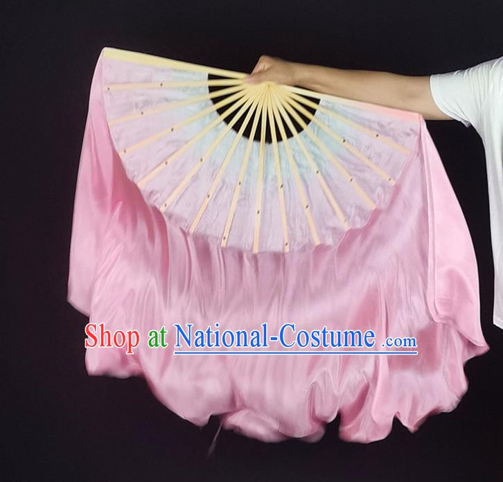 China Classical Dance Silk Fan Yangko Dance Folding Fan Pink Long Ribbon Prop Fan