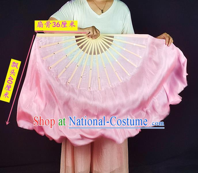 China Classical Dance Silk Fan Yangko Dance Folding Fan Pink Long Ribbon Prop Fan