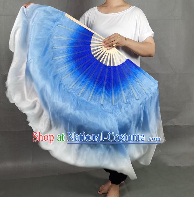 China Yangko Dance Folding Fan Blue Long Ribbon Prop Fan Classical Dance Silk Fan