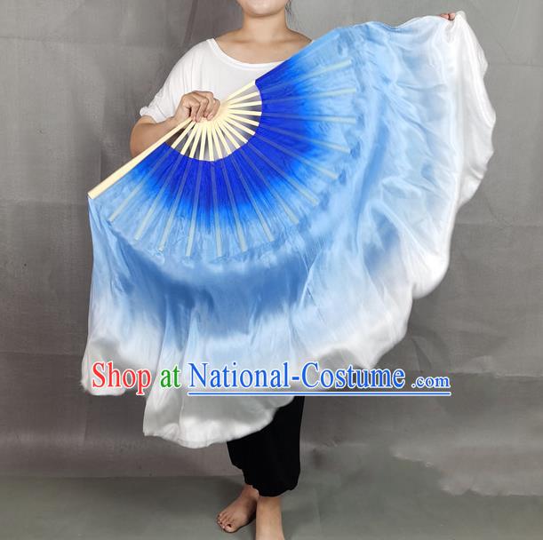 China Yangko Dance Folding Fan Blue Long Ribbon Prop Fan Classical Dance Silk Fan