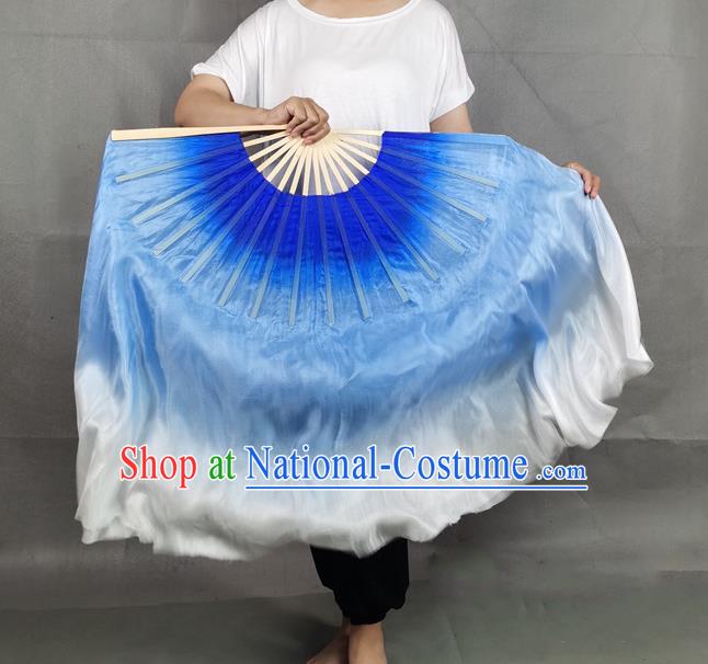 China Yangko Dance Folding Fan Blue Long Ribbon Prop Fan Classical Dance Silk Fan