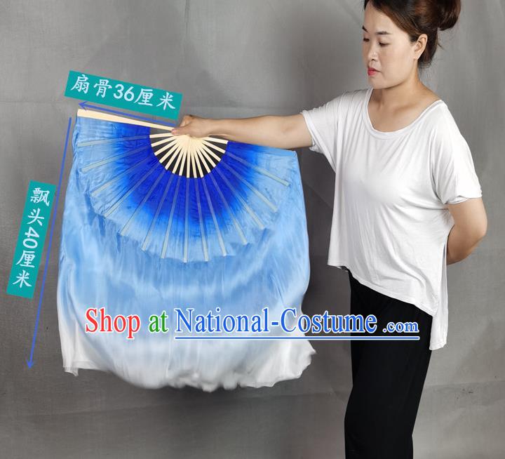 China Yangko Dance Folding Fan Blue Long Ribbon Prop Fan Classical Dance Silk Fan