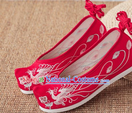 China Wedding Shoes Embroidered Phoenix Shoes Handmade Bride Red Bow Shoes