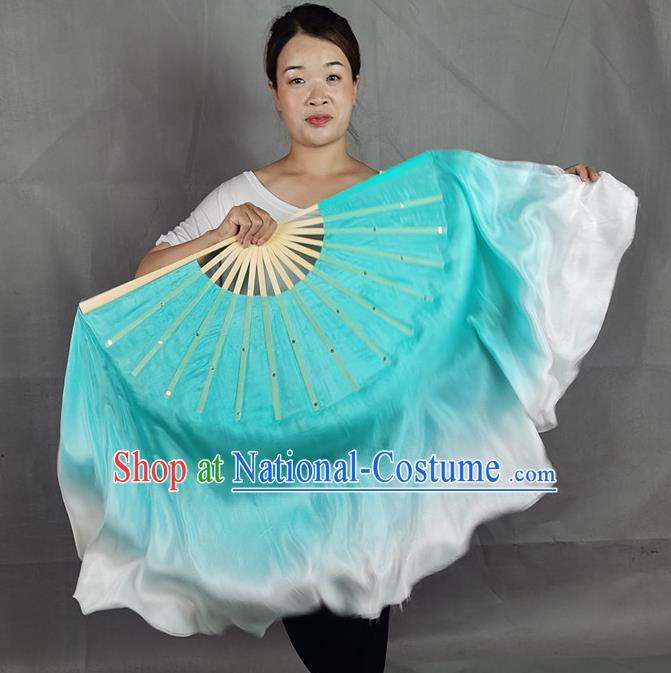 China Classical Dance Blue Silk Fan Jiaozhou Yangko Dance Folding Fan Group Dance Long Ribbon Fan