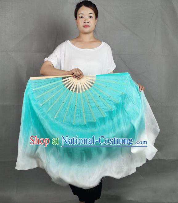 China Classical Dance Blue Silk Fan Jiaozhou Yangko Dance Folding Fan Group Dance Long Ribbon Fan