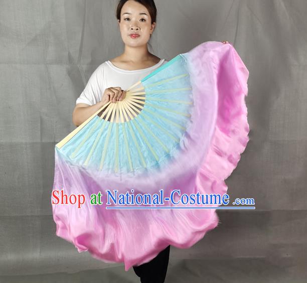 China Yangko Dance Folding Fan Group Dance Pink Long Ribbon Fan Classical Dance Blue Silk Fan