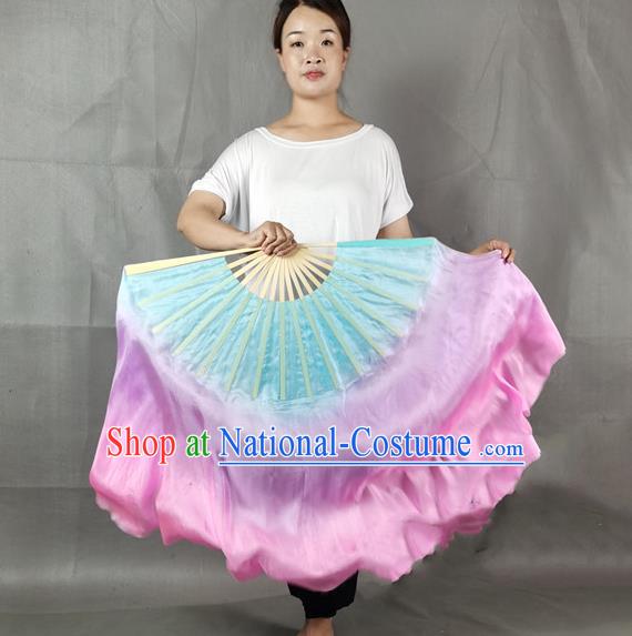 China Yangko Dance Folding Fan Group Dance Pink Long Ribbon Fan Classical Dance Blue Silk Fan