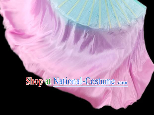 China Yangko Dance Folding Fan Group Dance Pink Long Ribbon Fan Classical Dance Blue Silk Fan