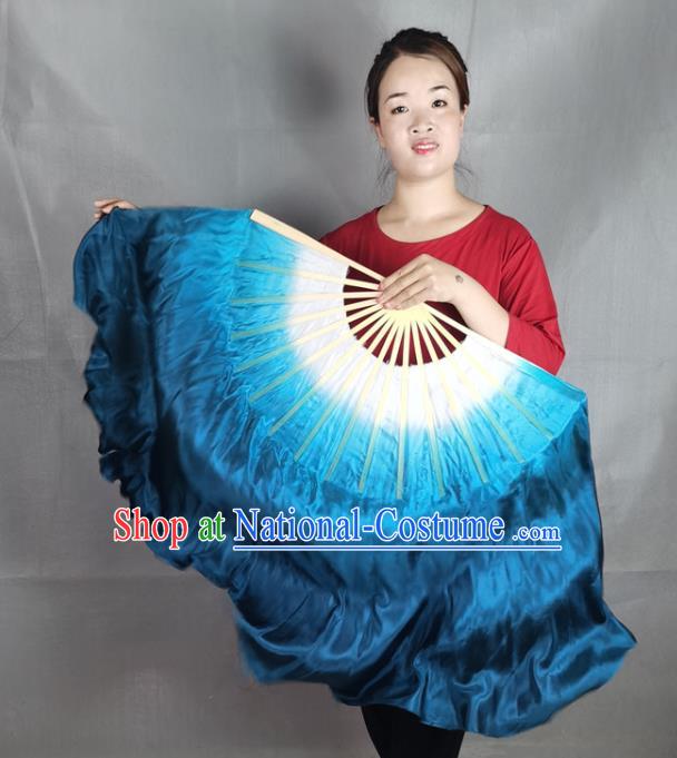 China Classical Dance Navy Blue Silk Fan Yangko Dance Folding Fan Stage Performance Long Ribbon Fan