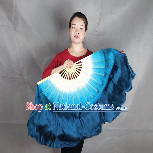 China Classical Dance Navy Blue Silk Fan Yangko Dance Folding Fan Stage Performance Long Ribbon Fan