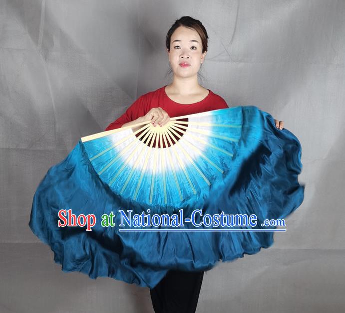 China Classical Dance Navy Blue Silk Fan Yangko Dance Folding Fan Stage Performance Long Ribbon Fan