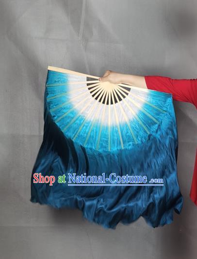 China Classical Dance Navy Blue Silk Fan Yangko Dance Folding Fan Stage Performance Long Ribbon Fan