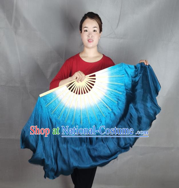 China Classical Dance Navy Blue Silk Fan Yangko Dance Folding Fan Stage Performance Long Ribbon Fan