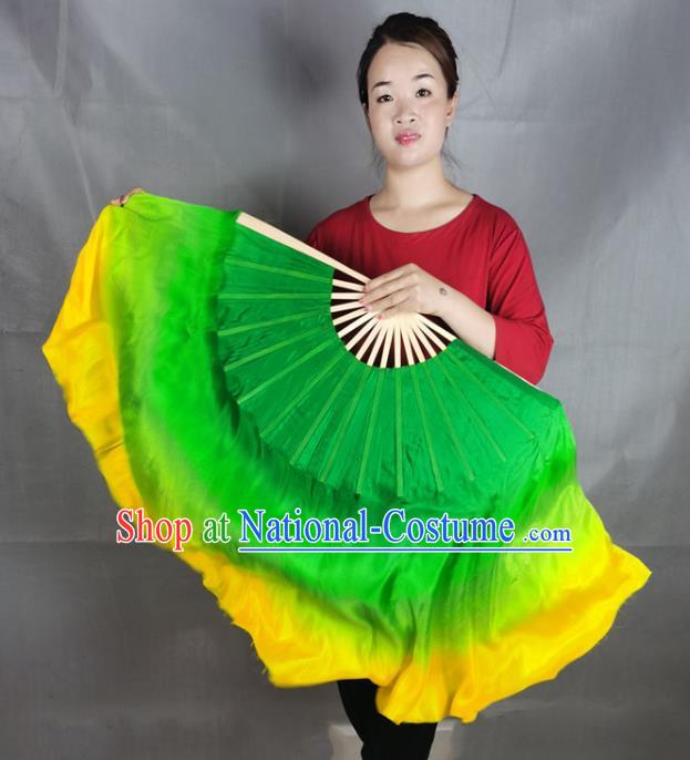 China Stage Performance Long Ribbon Fan Classical Dance Green Silk Fan Yangko Dance Folding Fan