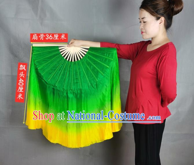 China Stage Performance Long Ribbon Fan Classical Dance Green Silk Fan Yangko Dance Folding Fan