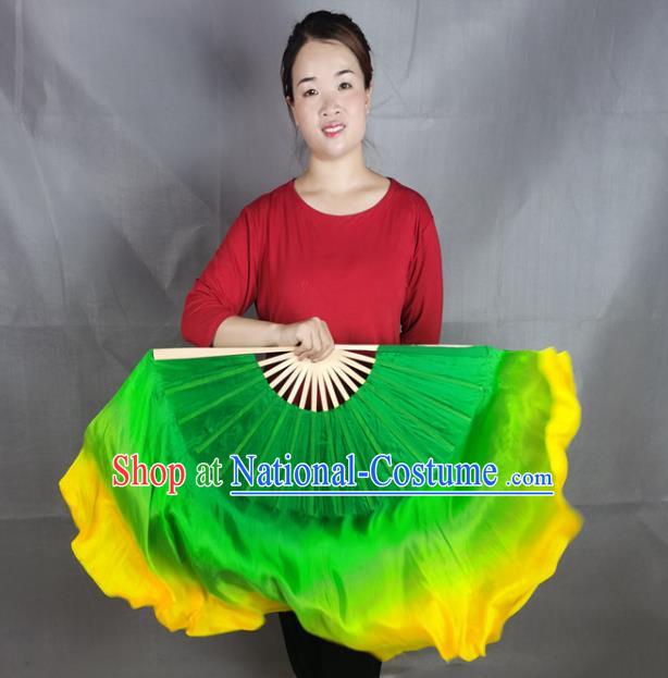 China Stage Performance Long Ribbon Fan Classical Dance Green Silk Fan Yangko Dance Folding Fan