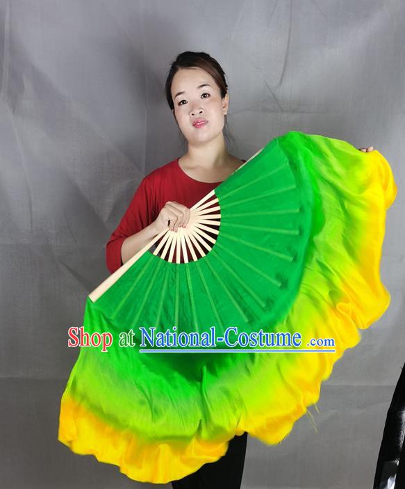 China Stage Performance Long Ribbon Fan Classical Dance Green Silk Fan Yangko Dance Folding Fan