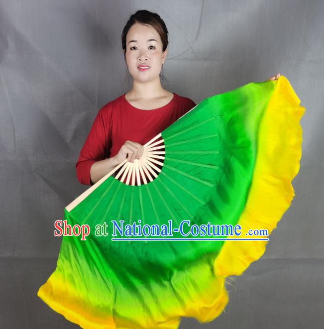 China Stage Performance Long Ribbon Fan Classical Dance Green Silk Fan Yangko Dance Folding Fan