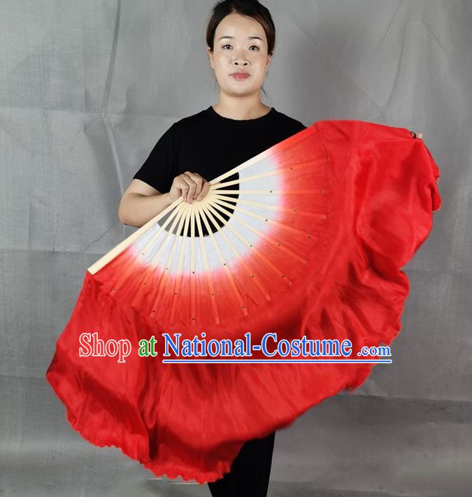 China Classical Dance Red Silk Fan New Year Yangko Dance Performance Folding Fan Long Ribbon Fan