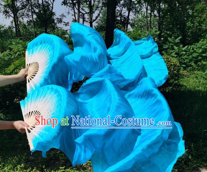 China Classical Dance Bamboo Fan New Year Yangko Dance Performance Folding Fan Blue Silk Long Ribbon Fan