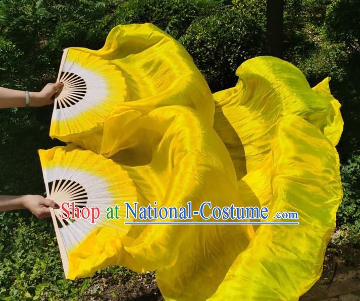 China Yangko Dance Performance Folding Fan Yellow Silk Long Ribbon Fan Classical Dance Bamboo Fan