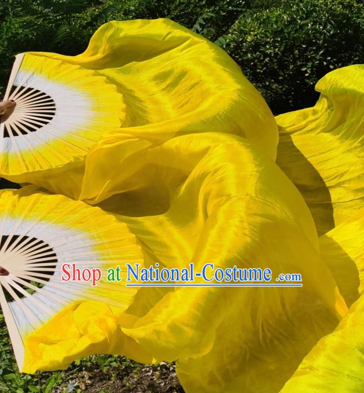 China Yangko Dance Performance Folding Fan Yellow Silk Long Ribbon Fan Classical Dance Bamboo Fan