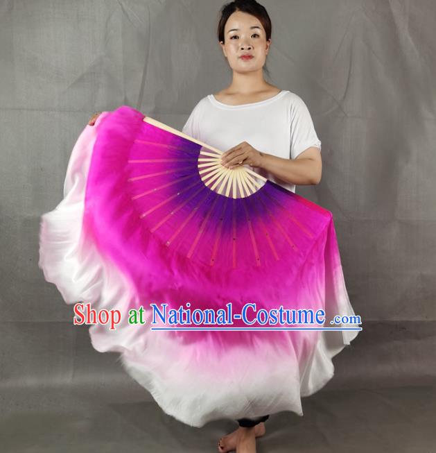 China Handmade Double Side Folding Fan Yangko Dance Performance Fan Rosy Silk Long Ribbon Fan