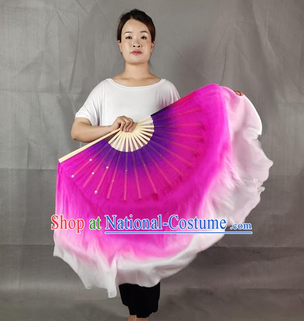 China Handmade Double Side Folding Fan Yangko Dance Performance Fan Rosy Silk Long Ribbon Fan