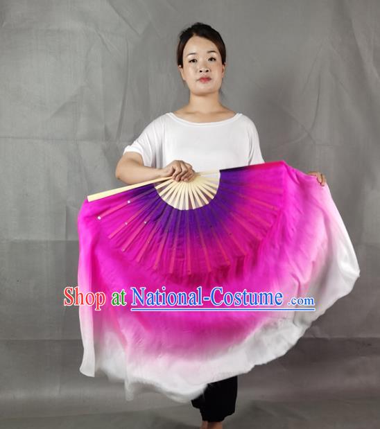 China Handmade Double Side Folding Fan Yangko Dance Performance Fan Rosy Silk Long Ribbon Fan