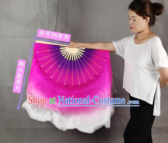 China Handmade Double Side Folding Fan Yangko Dance Performance Fan Rosy Silk Long Ribbon Fan