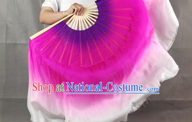 China Handmade Double Side Folding Fan Yangko Dance Performance Fan Rosy Silk Long Ribbon Fan