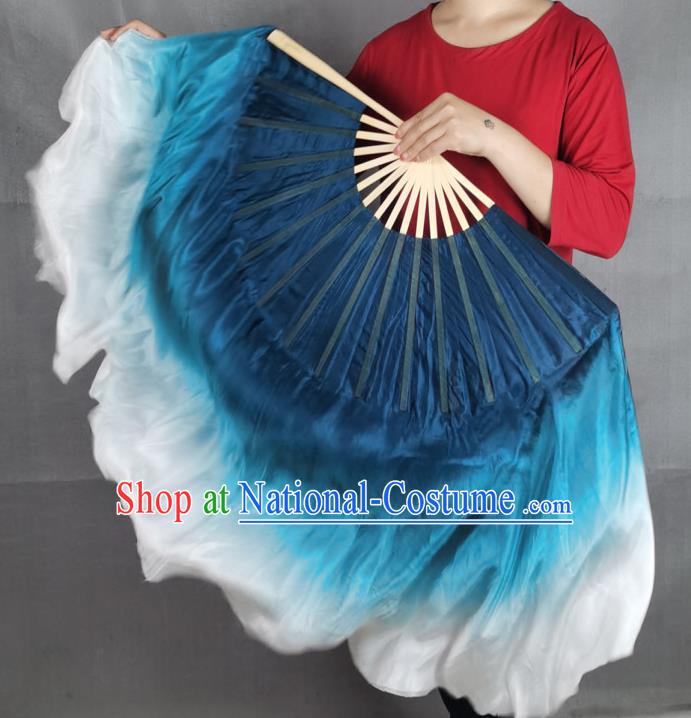 China Yangko Dance Performance Fan Blue Silk Long Ribbon Fan Handmade Double Side Folding Fan