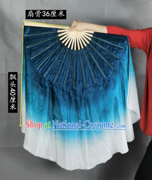 China Yangko Dance Performance Fan Blue Silk Long Ribbon Fan Handmade Double Side Folding Fan