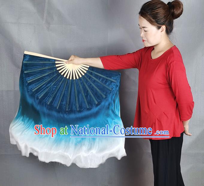 China Yangko Dance Performance Fan Blue Silk Long Ribbon Fan Handmade Double Side Folding Fan