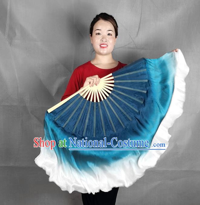 China Yangko Dance Performance Fan Blue Silk Long Ribbon Fan Handmade Double Side Folding Fan