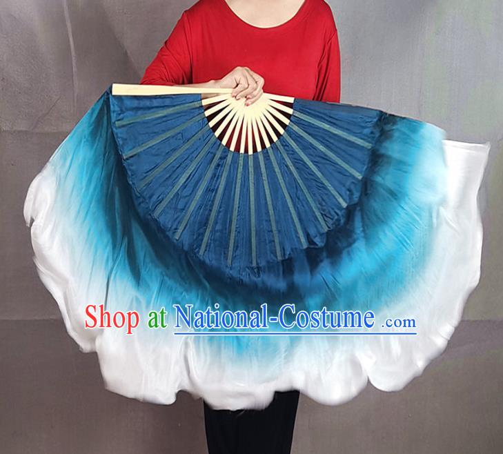 China Yangko Dance Performance Fan Blue Silk Long Ribbon Fan Handmade Double Side Folding Fan