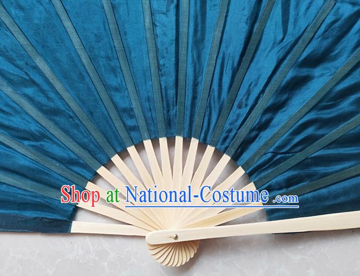 China Yangko Dance Performance Fan Blue Silk Long Ribbon Fan Handmade Double Side Folding Fan