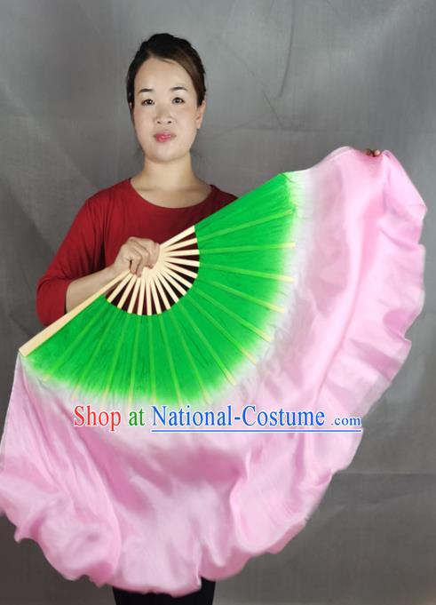 China Lotus Dance Silk Fan Yangko Dance Bamboo Fan Pink Silk Long Ribbon Folding Fan