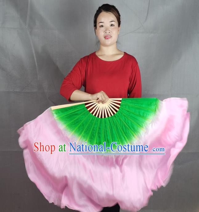 China Lotus Dance Silk Fan Yangko Dance Bamboo Fan Pink Silk Long Ribbon Folding Fan