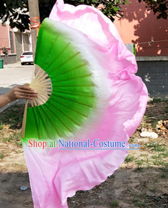 China Lotus Dance Silk Fan Yangko Dance Bamboo Fan Pink Silk Long Ribbon Folding Fan