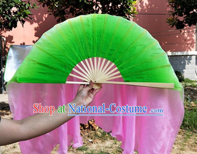 China Lotus Dance Silk Fan Yangko Dance Bamboo Fan Pink Silk Long Ribbon Folding Fan